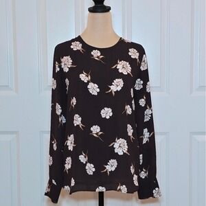 Ann Taylor Factory Chocolate Brown Floral Long Sleeve Blouse Keyhole Back Small